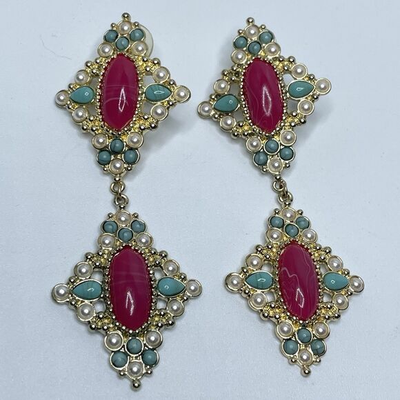 BaubleBar Gold Tone Turquoise Blue White Mauve Cabochon Dangle Earrings Bold - Picture 1 of 7